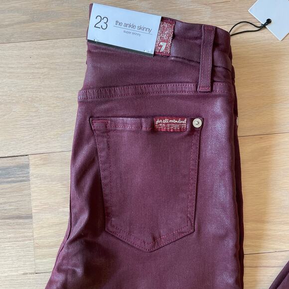 7 For all Mankind NWT  High-Waist Ankle Skinny Coated Jeans in Merlot // 23 - Picture 4 of 12